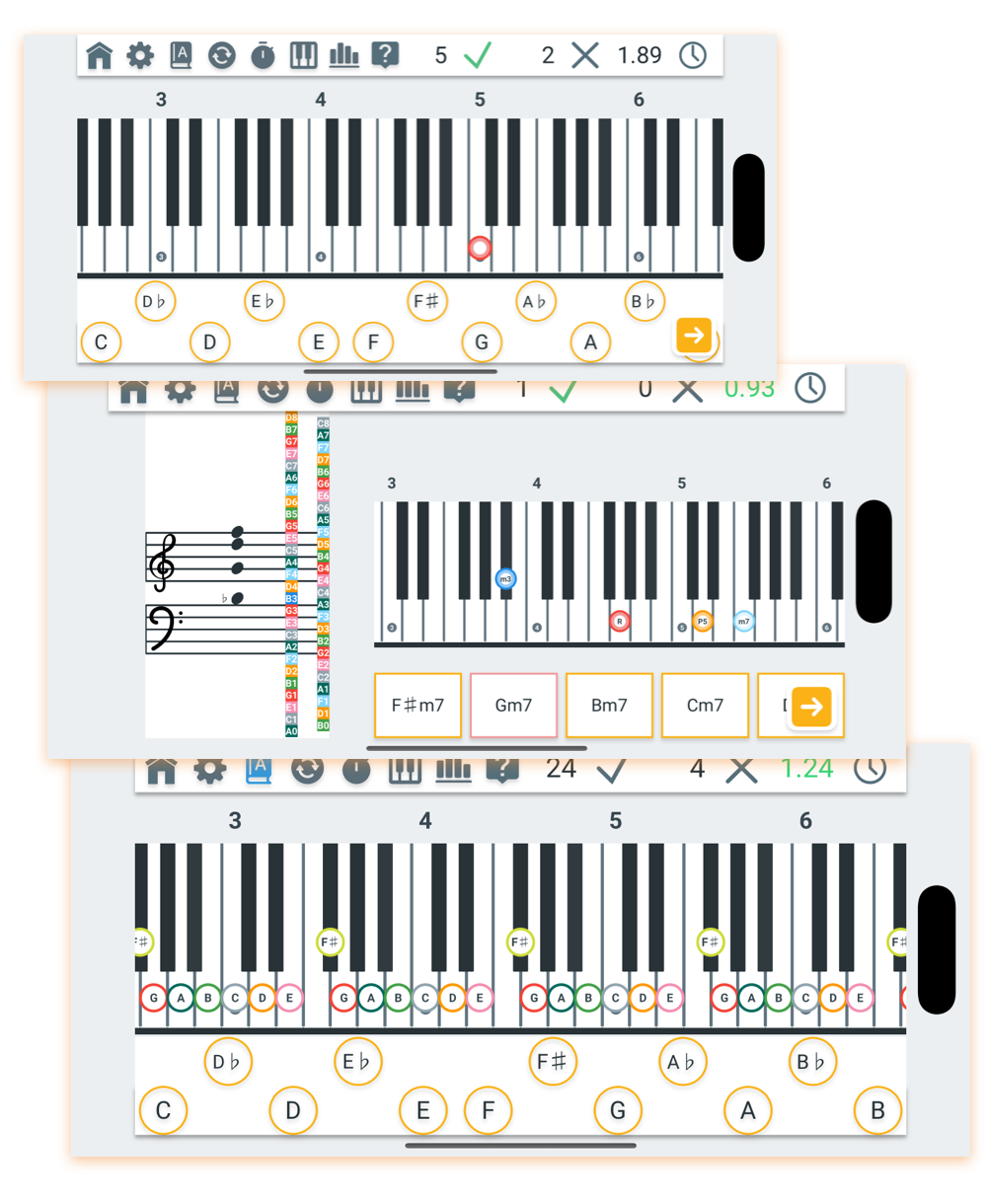 Pianolytics app showing piano training games on mobile